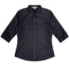 A black button-up shirt with 3/4 sleeves featuring a collar and a logo.