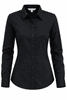 A long sleeve black button-up shirt with a fitted design and a collar. Features a logo on the brand label.
