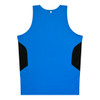 A blue singlet with black side panels and a logo on the back. 