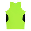 A bright yellow singlet with black side panels and a logo at the neckline. Suitable for kids' active wear.