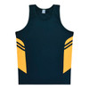 A navy blue singlet featuring yellow side panels and stripes, with a logo on the front.
