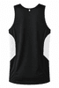 A black singlet with white side panels, featuring a logo on the back. Ideal for casual or athletic wear.