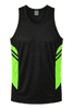 A black singlet with vibrant green side panels and a logo on the upper front. Suitable for active wear.