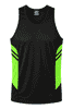 A black singlet with vibrant green side panels and a logo on the upper front. Suitable for active wear.