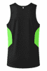 A black singlet with vibrant green side panels, featuring a logo on the back.