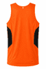 An orange singlet featuring black side panels and a logo on the back. Ideal for casual or athletic wear.