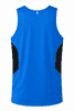 A blue men's singlet with black side panels and a logo on the back.