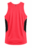 A red singlet with black side panels and a branded logo on the back.
