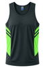 A black singlet with bright green side panels and a logo on the front.