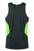 A black singlet with green accents, featuring a branding logo on the back. Suitable for active wear.