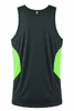 A black singlet with green accents, featuring a branding logo on the back. Suitable for active wear.