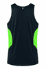A navy singlet with vibrant green panels on the sides and a logo on the back.