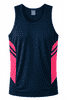 A navy blue singlet with pink side panels and a logo on the chest. Perfect for warm weather activities.