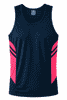 A navy blue singlet with pink side panels and a logo on the chest. Perfect for warm weather activities.