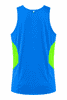 A vibrant blue singlet featuring bright green side panels and a logo. Ideal for active wear.