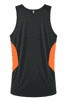 A black men's singlet with orange side panels and a logo on the back. Suitable for active wear.