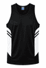 A black singlet with white stripes on the sides and a logo on the upper section.