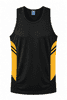A black singlet featuring yellow side panels, with a logo on the upper left. Designed for men's wear.