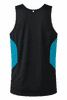 A black singlet with turquoise side panels and a logo on the back. Suitable for casual wear or sports activities.