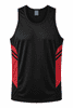 A black singlet featuring red side panels and two black stripes, with a logo on the top.