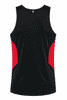 A black singlet with red side panels and a logo on the back. It features a smooth, athletic design.