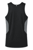 A men's singlet in black with grey side panels and a logo on the back.