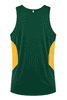 A green singlet with yellow side panels, featuring a logo on the upper back.