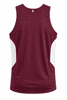 A maroon singlet with white side panels and a logo on the back.