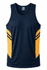 A navy blue singlet featuring orange side panels and a logo on the upper section.