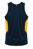 A navy blue singlet with bright yellow side panels and a logo at the back.