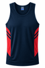 A navy blue singlet with red side panels and branding on the neckline.