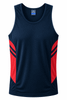 A navy blue singlet with red side panels and branding on the neckline.