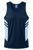 A navy blue singlet featuring light blue panels and a branding logo.