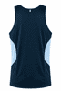 A navy singlet featuring light blue side panels and a logo. Suitable for various activities.