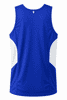 A blue men's singlet featuring white sides and a branding logo. Ideal for sports or casual wear.