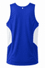 A blue men's singlet featuring white sides and a branding logo. Ideal for sports or casual wear.