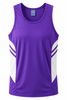 A purple singlet with white detailing and a logo on the upper part. Designed for men's sportswear.