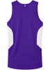 A purple singlet with white side panels, featuring a logo on the back.