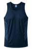 A navy blue men's singlet featuring side panels and a logo on the label.