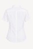 A short-sleeve white button-up shirt with a fitted design and a back seam, featuring a logo.