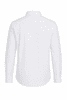 A long sleeve white button-up shirt with a collar and a back view. It features a logo on the fabric.