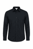 A long sleeve button-up shirt in black, featuring a single chest pocket and a classic collar.
