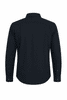 A long-sleeve button-up shirt in black, featuring a classic collar and a logo on the back.