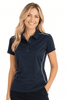 A dark navy polo shirt with white piping, featuring a logo, designed for women's wear.