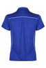 A blue polo shirt featuring a collared neckline and white accent detailing at the seams, with a logo.