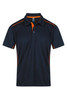 A navy blue polo shirt featuring orange accents and a collar. The shirt has a logo on it.