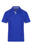 A blue polo shirt with white accents and a collar, featuring a logo on the upper left side.