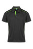 A black men's polo shirt with green accents and a logo, featuring a classic collar and short sleeves.