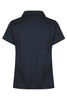 A dark navy polo shirt with a classic collar and short sleeves, featuring a logo on the side.