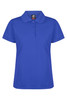 A blue polo shirt featuring a collar and buttons, with a branding logo on the inside label.